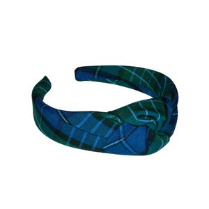 Blue, Green & White Plaid 96 Top Knot Headband - School Plaid 96, School Uniform Plaid Headbands, Kirk Plaid Headband, School Plaid Headband