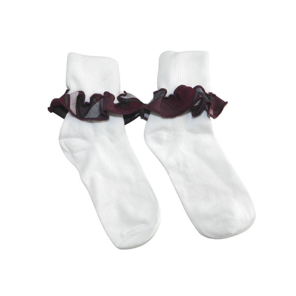Burgundy & Gray Plaid Ruffle White Ankle Socks - Burgundy Gray Plaid, Maroon Gray Plaid, School Plaid 91, Uniform Plaid 54, Rodrick Plaid