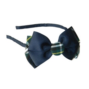 Navy, Forest, White & Yellow Plaid Double Bow Headband - School Uniform Headbands, Plaid Headbands, School Uniform Plaid 35, Plaid 35