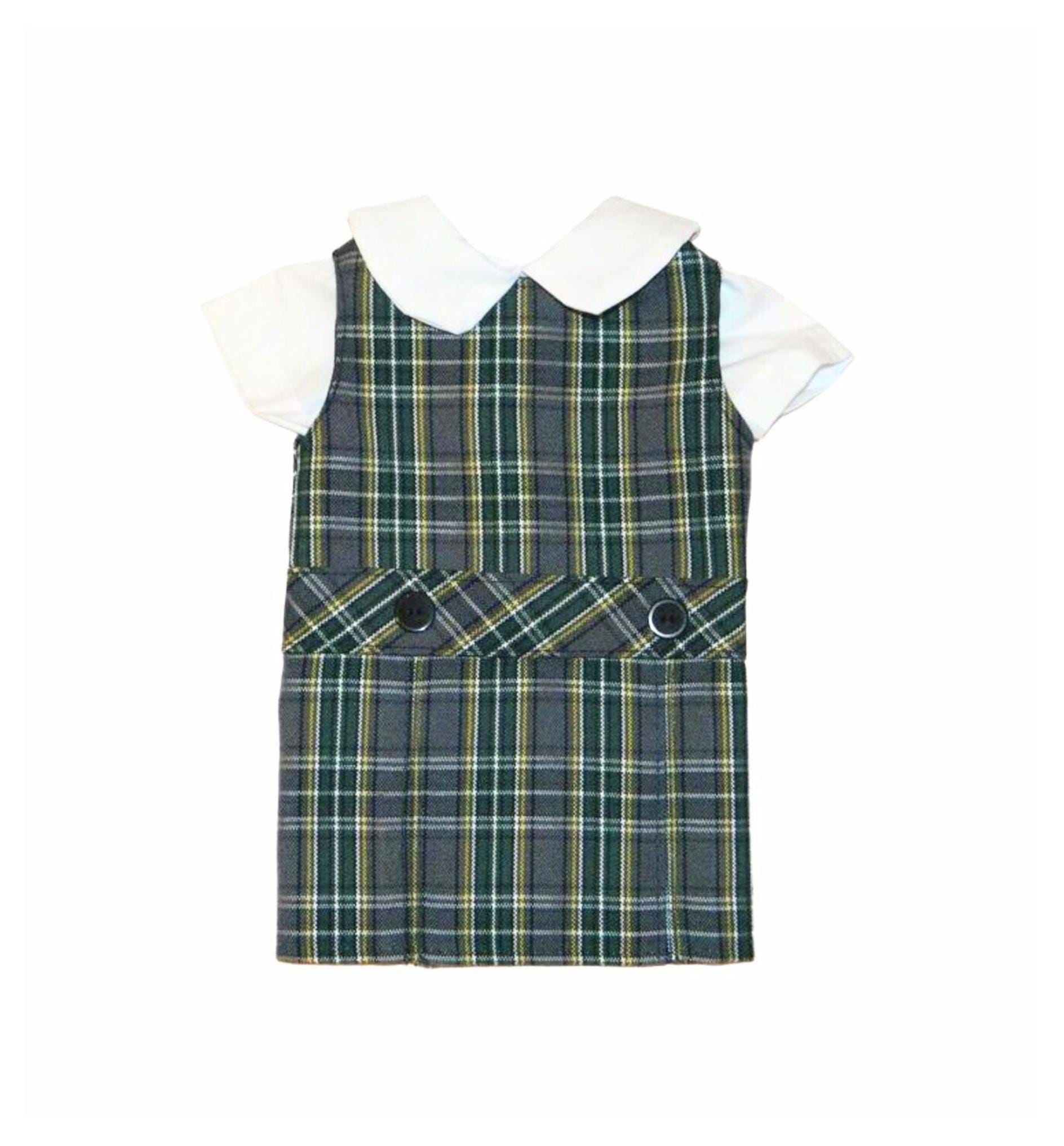 green plaid uniform dress Gray, & Gold 44 Doll Set Skirt