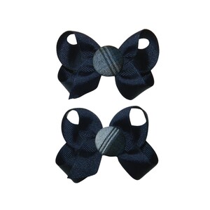 Navy & White Plaid Button Pigtail Bows - School Uniform Hair Bows, Plaid Pigtail Bows, Navy and White Plaid, Plaid Hair Bow, School Plaid 64