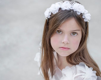Emma Floral Headpiece - Available in White or Lt Ivory, First Communion, First Communion Headpiece, Flower Girl, Special Occasion Headband