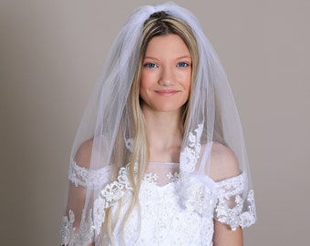 White or Ivory Floral Alencon Lace Communion Veil - Lace Communion Veil, Communion Headpiece, Communion Veil on Comb, 1st Communion Veil