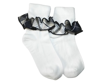 Navy & Khaki Plaid Ruffle Ankle Socks - School Uniform Socks, Girl's School Socks, Khaki Ankle Socks, Girl's Uniform Socks, Khaki Plaid