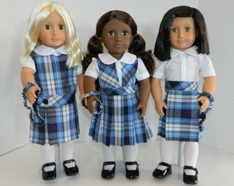 Navy & Lt Blue Plaid Doll Uniform Set - 18 Inch Doll Uniform, Plaid Doll Uniform, Plaid 76, AG Plaid Doll Uniform, 18 Inch Doll Clothing