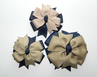 Navy & Lt Khaki Double Pinwheel Hair Bow - School Uniform Hair Bows, Navy and Khaki Uniform Hair Bows, Khaki Hair Bows, Navy Hair Bow