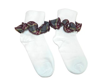 Burgundy, Gray & Yellow Plaid Ruffle Ankle Socks - Burgundy Plaid, School Uniform Socks, Plaid Socks, School Plaid 43, Uniform Plaid 43