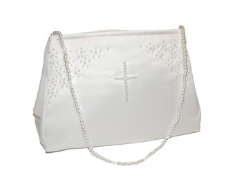 Girl's White Pearl Cross Purse - Girl's Communion Purse, Girl's Fancy White Purse, First Communion, 1st Communion, 1st Communion Purse