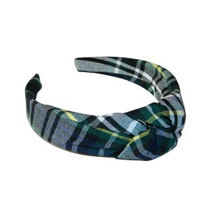 Navy, Forest, White, & Yellow Plaid 35 Top Knot Headband - School Uniform Plaid Headbands, School Plaid Headbands, Plaid 35, Carden Plaid