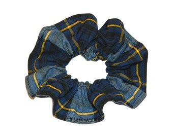 Gray, Navy & Gold Plaid 57 Scrunchie - School Uniform Scrunchies, School Plaid Scrunchies, Plaid 57, Plaid Hair Elastics, Plaid Hair Ties