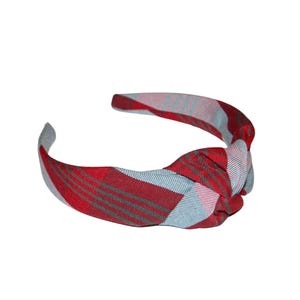 Red, White & Gray Plaid 965 Top Knot Headband - School Uniform Plaid Headbands, School Plaid 965, Plaid Top Knot Headbands, Plaid Headbands
