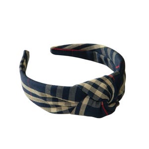 Navy & Tan Plaid 1C Top Knot Headband - School Uniform Headbands, School Plaid Headbands, Plaid 1C, Overland Plaid, Plaid Top Knot Headbands