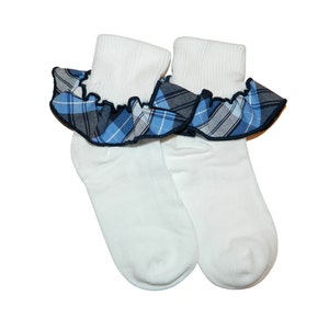 Navy & Lt Blue Plaid Ruffle Ankle Socks - Girl&#39;s Plaid Ruffle Socks, Girl&#39;s School Uniform Socks, Navy and Light Blue Plaid, School Plaid 76