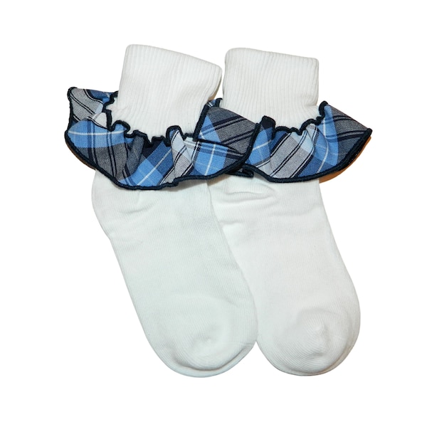 Navy & Lt Blue Plaid Ruffle Ankle Socks - Girl's Plaid Ruffle Socks, Girl's School Uniform Socks, Navy and Light Blue Plaid, School Plaid 76