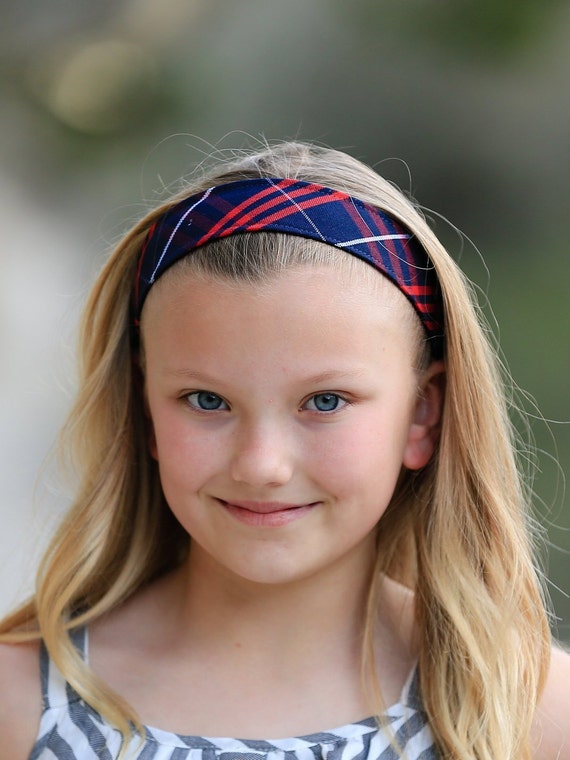 Navy & Red Plaid Elastic Headband - Plaid Headbands, School  display picture 3