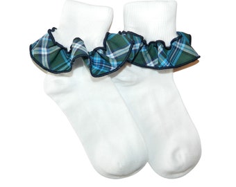 Green, White & Turquoise Plaid Ruffle Ankle Socks - School Uniform Socks, Girl's Uniform Socks, Plaid Ruffle Ankle Socks, Plaid 86