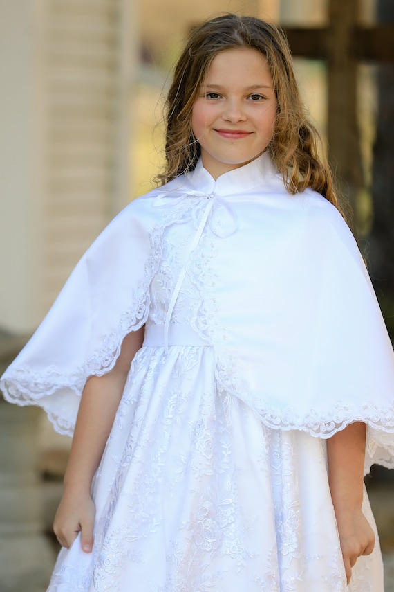 Girl s Lace Trimmed White Satin Cape 1st Communion Communion