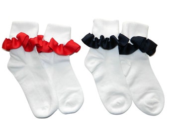 Red or Navy Ruffle White Ankle Socks - School Uniform Socks, Girl's Ankle Socks, Girl's Navy Ankle Socks, Girl's Red Socks, Ruffle Socks