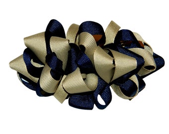 Navy & Khaki Loopy Hair Bow - School Uniform Hair Bows, Navy and Khaki Hair Bows, Khaki Hair Bows, Uniform Hair Bows, Navy and Tan Hair Bows