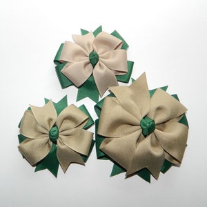 Hunter Green & Lt Khaki Double Pinwheel Hair Bow - School Uniform Bows, Forest and Khaki Hair Bows, Khaki Hair Bow, Hunter and Khaki Bows