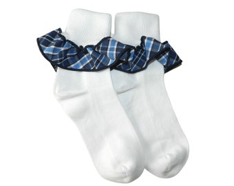 Navy & Blue Plaid Ruffle Ankle Socks - School Uniform Socks, Girl's Ankle Socks, Plaid Ruffle Ankle Socks, Girl's Uniform Socks, Plaid 120