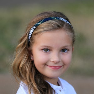 Navy, Forest, White & Yellow Plaid Thin Headband - School Uniform Headbands, Plaid Headbands, Gordon Plaid, School Plaid 35, School Plaid