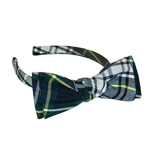 Navy, Forest, White, & Yellow Plaid 35 Lena Headband - School Uniform Plaid Headbands, School Plaid Bow Headbands, Plaid 35, Carden Plaid