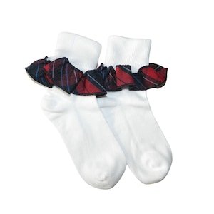 Red, Navy & Blue Plaid 94 Ruffle Ankle Socks - School Uniform Socks, Red and Navy Plaid, Plaid 94, Woodland Plaid, Plaid Ruffle Ankle Socks