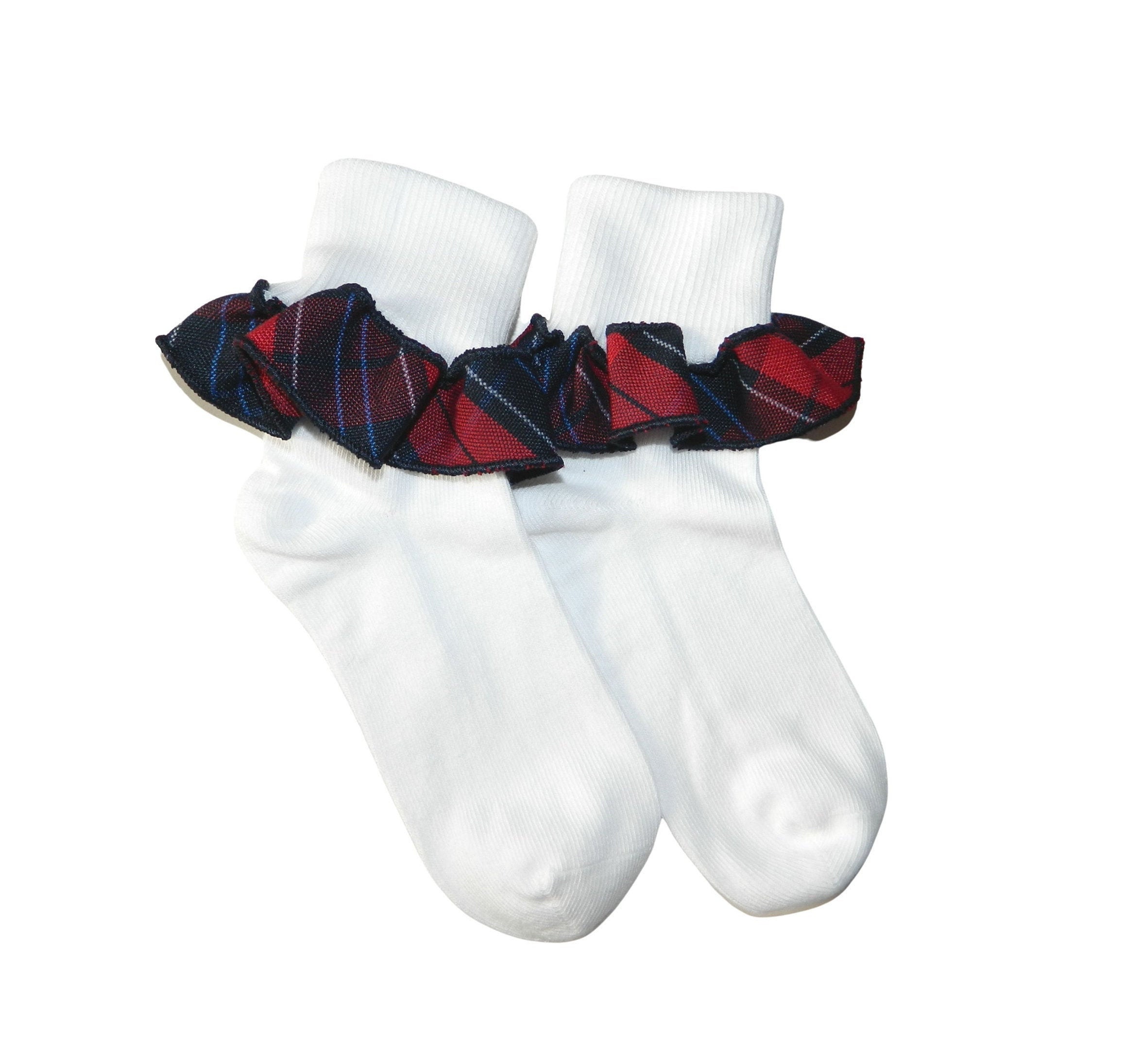 Red, Navy & Blue Plaid 94 Ruffle Ankle Socks - School Uniform Socks, Red and Navy Plaid, Plaid 94, Woodland Plaid, Plaid Ruffle Ankle Socks