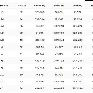 May include: A clothing size chart showing measurements in inches. Includes Euro, Alpha, and USA sizes, with chest, waist, arm, neck, and height measurements. Useful for customers to determine the correct garment size.