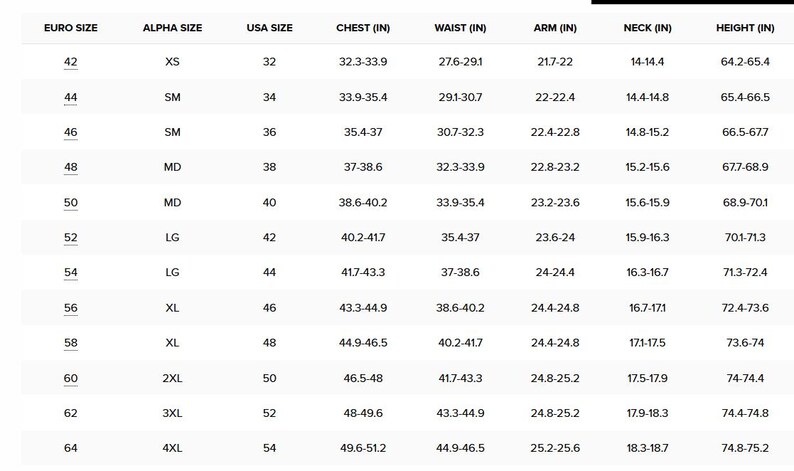 May include: A clothing size chart showing measurements in inches. Includes Euro, Alpha, and USA sizes, with chest, waist, arm, neck, and height measurements. Useful for customers to determine the correct garment size.