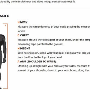 May include: Diagram showing how to measure the neck, chest, height, and arm for clothing. A stylized figure is shown with measurement lines and labels. Instructions are provided for each measurement, including where to place the measuring tape.