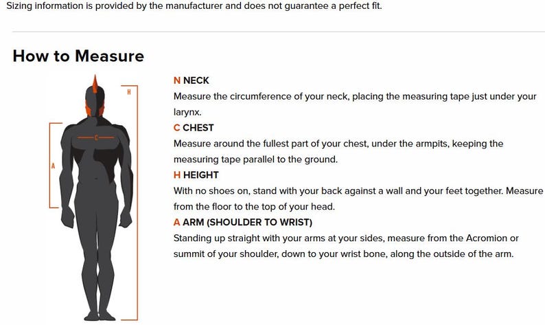 May include: Diagram showing how to measure the neck, chest, height, and arm for clothing. A stylized figure is shown with measurement lines and labels. Instructions are provided for each measurement, including where to place the measuring tape.