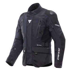 May include: A black motorcycle jacket with multiple pockets, zips, and a high collar. The jacket features the Dainese logo on the chest and sleeve, and the Gore-Tex logo. The jacket has reinforced shoulder pads and a mesh panel for ventilation.