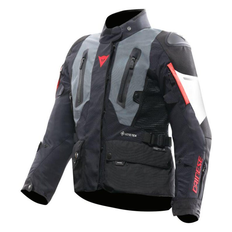 May include: Black and grey motorcycle jacket with red detailing. It features multiple zipped pockets, a high collar, and the red "DAINESE" logo on the sleeve. The jacket has a "GORE-TEX" label.