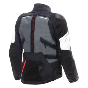 May include: Black and grey motorcycle jacket with red and white detailing. The jacket has a high collar, zipped pockets, and reflective stripes. The back features a grey mesh panel with the brand name in red. The jacket has reinforced shoulders.