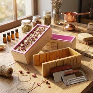 Könnte beinhalten: Eine rechteckige Seifenform aus Holz mit einer rosa Silikoneinlage, gefüllt mit getrockneten Blütenblättern, eine Seifenschneidebox aus Holz mit vertikalen Schlitzen und zwei Metall-Seifenschneider mit Holzgriffen.