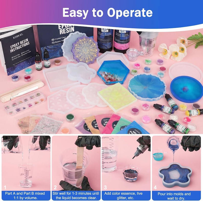 May include: A comprehensive epoxy resin kit with various molds, pigments, and instructions. The kit includes bottles of resin, color essences, glitter, and mixing cups. The image shows the steps to create resin art, with the text "Easy to Operate".