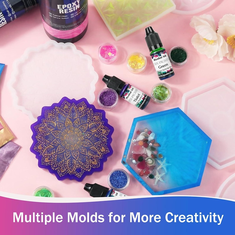 May include: An assortment of resin art supplies, including bottles of epoxy resin, alcohol inks, glitter, and various molds. A purple mandala coaster and a blue hexagonal coaster filled with shells and starfish are visible. The text "Multiple Molds for More Creativity" is at the bottom.