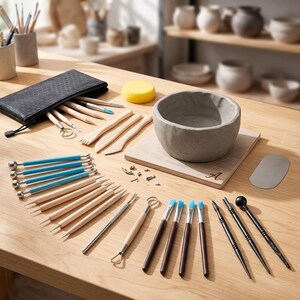 Könnte beinhalten: Ein Töpferwerkzeug-Set mit einer grauen Tonschale auf einem Holzbrett, einer schwarzen Reißverschlusstasche, Holzmodellierwerkzeugen, blaugriffigen Kugelgriffeln, Metallschabern und verschiedenen Modelliernadeln auf einer hellen Holzfläche.