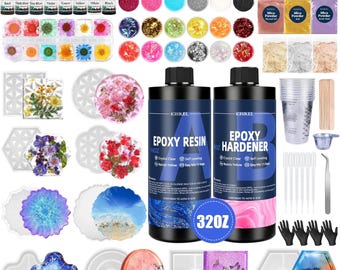 Zestaw startowy z żywicą epoksydową 32 uncje z foremkami do podstawek, pigmentami, brokatem, kwiatami, proszkiem miki, zestaw do majsterkowania dla początkujących