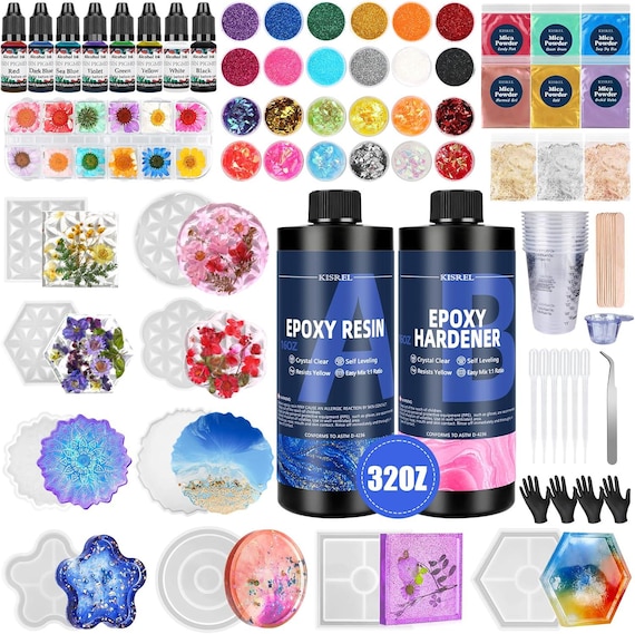 32oz Epoxy Resin Kit with Coaster Molds, Pigments, Glitter, Flowers (Beginner Craft Set)