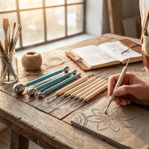 May include: A set of ball stylus tools for clay modeling, featuring three blue-handled tools with large metal spheres and five light wood-handled tools with smaller metal tips, used to create intricate dot and floral patterns on a clay slab.