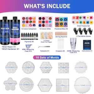 May include: An epoxy resin kit with resin, hardener, pigments, glitter, dried flowers, and molds. Includes measuring cups, stirring rods, gloves, and instructions. The molds range from 3.8 to 5.1 inches in diameter.