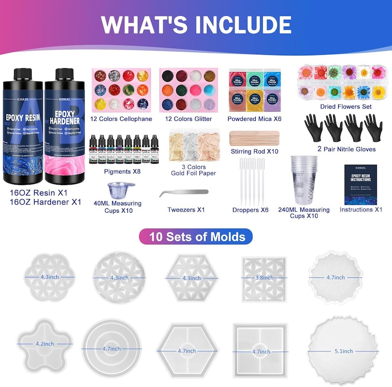 May include: An epoxy resin kit with resin, hardener, pigments, glitter, dried flowers, and molds. Includes measuring cups, stirring rods, gloves, and instructions. The molds range from 3.8 to 5.1 inches in diameter.