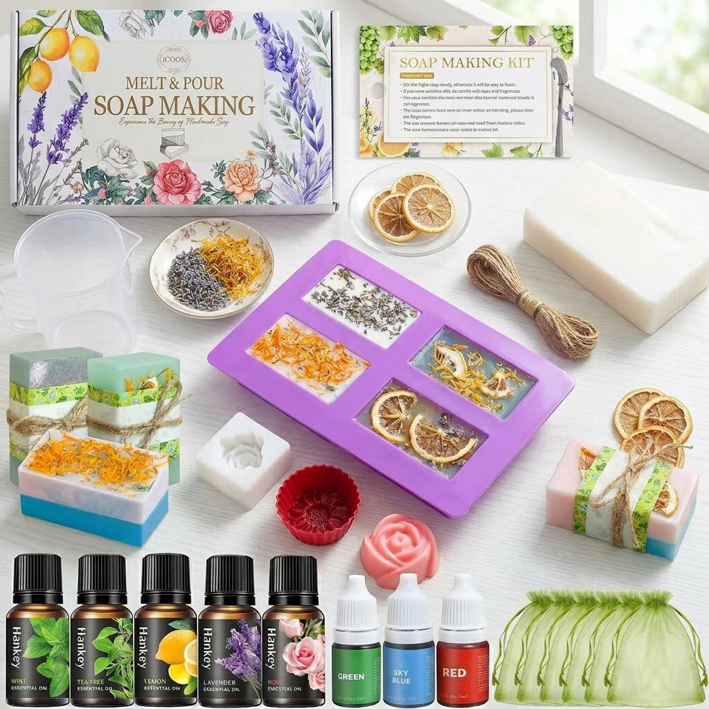 Melt and Pour Soap Making Kit, Shea Butter Base, Dried Flowers, Essential Oils
