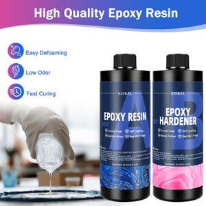 May include: Two black bottles of epoxy resin and hardener, labeled "Epoxy Resin" and "Epoxy Hardener". The bottles are 16 oz each. The image also includes text that says "High Quality Epoxy Resin", "Easy Defoaming", "Low Odor", and "Fast Curing".
