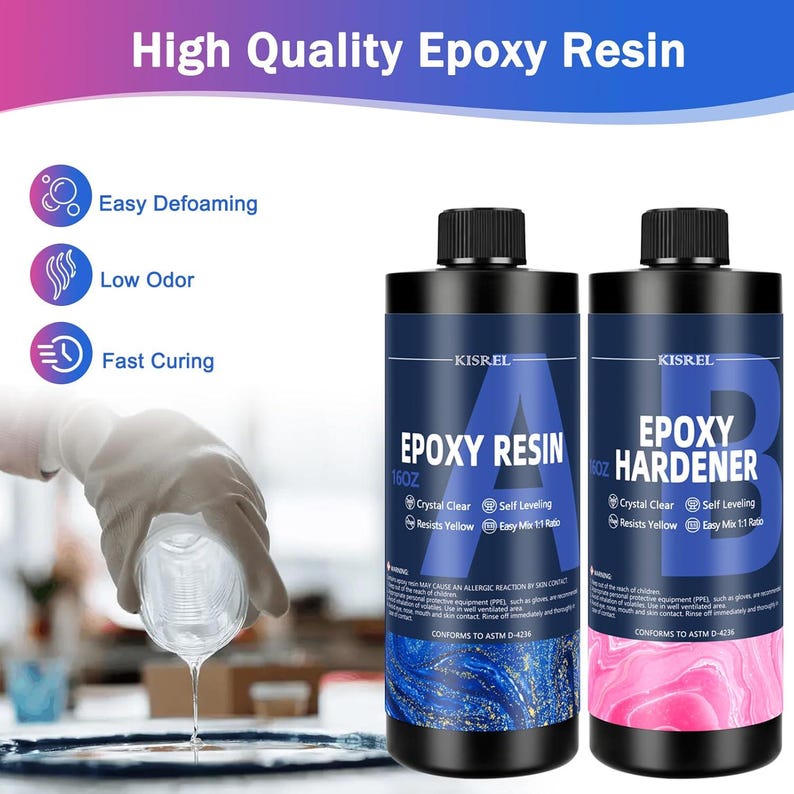 May include: Two black bottles of epoxy resin and hardener, labeled "Epoxy Resin" and "Epoxy Hardener". The bottles are 16 oz each. The image also includes text that says "High Quality Epoxy Resin", "Easy Defoaming", "Low Odor", and "Fast Curing".
