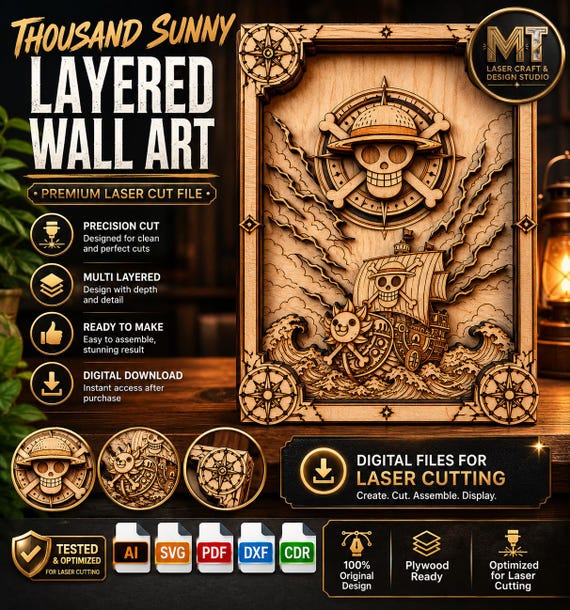 Sunny Layered Wall Art SVG | Luxury Anime Wall Decor Laser Cut File | Straw Hats Layered Wall Art SVG DXF Ai PdF