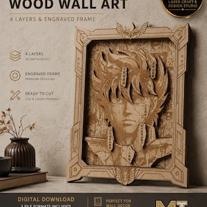 Puede incluir: Arte mural de madera cortado con láser en 3D que presenta un retrato detallado de Saint Seiya. La obra de arte tiene un diseño en capas con un marco grabado. La imagen incluye el texto "SAINT SEIYA 3D LASER CUT WOOD WALL ART" y "4 LAYERS & ENGRAVED FRAME".